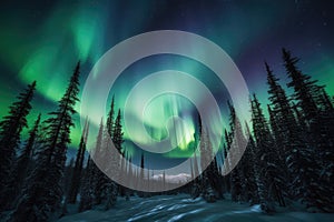 Polar lights aurora borealis over northern coniferous forest in snow. Generative AI