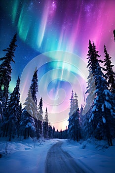 polar lights or northern lights bright colored night sky in winter snowy forest, beauty nature