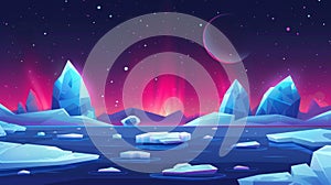 Polar night landscape with floating glaciers and pink aurora borealis. Cool arctic panorama with a drifting iceberg and