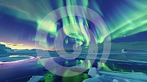 Polar night sky comes alive with the vivid green and purple dance of the aurora borealis over the serene, reflective