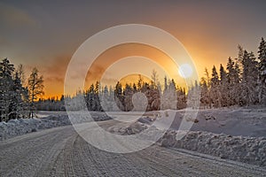 Polar Night Sunset over road in Finland