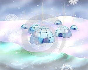 Polar Snowy Landscape with Igloo Icehouse