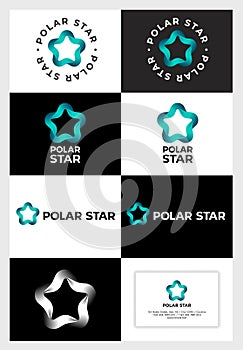 Polar Star logo. Star consists of turquoise ribbon. Identity, business card.