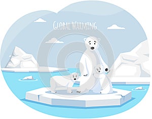 Polar white bear against background of iceberg, melting glacier, climate change and global warming