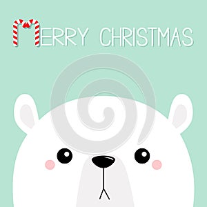 Polar white bear cub sad face. Merry Christmas. Candycane text. Happy New Year. Cute cartoon baby character. Arctic animal. Hello