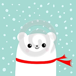 Polar white little small bear cub wearing red scarf. Head face with eyes and smile. Cute cartoon baby character. Arctic animal col