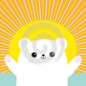 Polar white small little bear cub. Reaching for a hug. Cute cartoon baby character. Open hand ready for a hugging. Arctic animal.