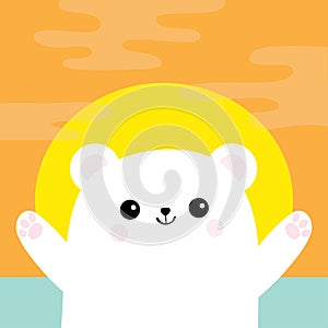 Polar white small little bear cub. Reaching for a hug. Cute cartoon baby character. Open hand ready for a hugging. Arctic animal c