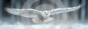 polar white snowy owl flying in winter