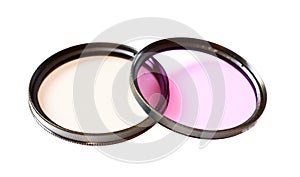 Polarizing and fluorescence lens filter isolated on white background