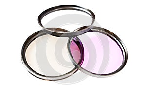 Polarizing, protect and fluorescence lens filter isolated on white background