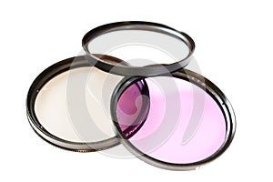 Polarizing, protect and fluorescence lens filter isolated on white background