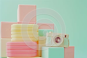 Polaroid camera on pastel filters stack. By generative Ai