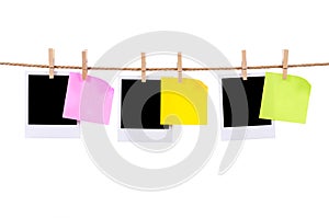 Polaroid frames, post it style sticky notes, rope string washing line