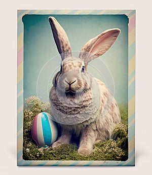 Polaroid Photo of a Cute Easter Bunny with Colorful Decorated Egg, Generative AI