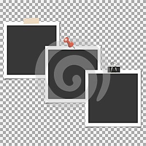 Polaroid Photo frame with pin, clip and with sticky tape on grey background. Vector template
