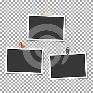 Polaroid Photo frame with pin, clip and with sticky tape on grey background. Vector template, blank