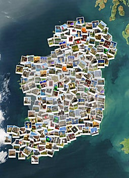 Travel in Ireland. Collage. Map made of polaroids.