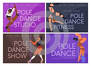 Pole dance classes, web-site background designs set. Poledance dancers, website template, landing page, internet banner