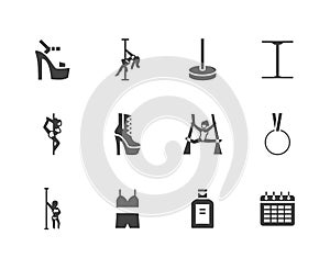Pole dance flat glyph icons set. Sexy girl dancing, stripper high heels shoe vector illustrations. Black signs for
