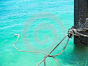Pole Mooring in Sea Background, Rope Security Safety Boat on Grunge
