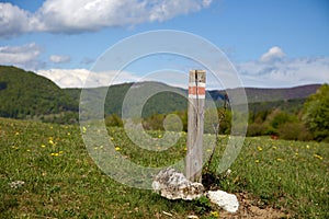 Red tourist mark on the old wooden pole, Slovakia