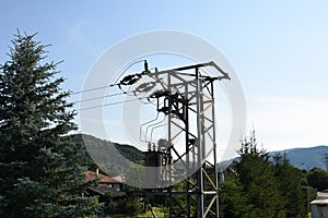 A Pole Mounted Sub-station, large, free standing, outdoor electrical equipment
