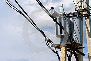 Pole transformer. Background with selective focus and copy space