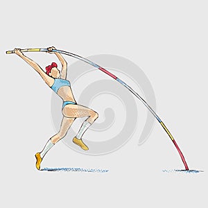 Pole vault athlete, hand drawing