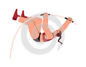 Pole vault athletic vector flat isolated illustration, cartoon woman pole vaulter performs a jump, Sport competition