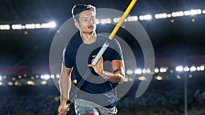 Pole Vault Jumping: Portrait of Professional Male Athlete on World Championship Running with Pole to