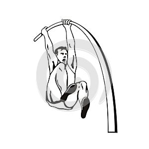 Pole Vaulter with Flexible Pole Jumping Over Bar Pole Vaulting Stencil Black and White Retro Style