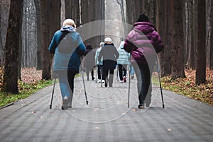 Pole walking for seniors, group of women walk for good health in the park