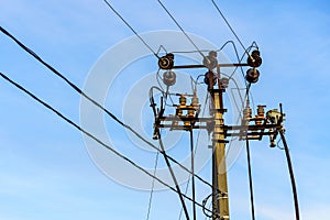 Pole wires. Background with selective focus and copy space