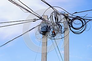 Pole wires. Background with selective focus and copy space