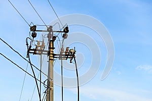 Pole wires. Background with selective focus and copy space