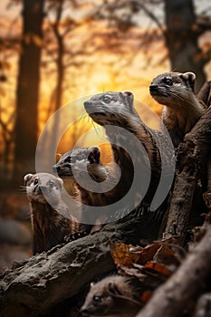 Polecat family in the forest with setting sun shining.