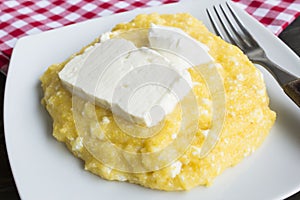 Polenta with Cheese and Sour Cream in a Plate