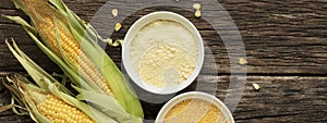 Polenta corn grits and corn flour in a porcelain bowl on a wooden table. Ears of corn and pieces of corn next to bowls. Gluten