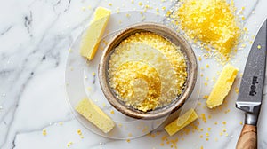 Polenta and cornmeal in wooden bowl with sliced cornmeal cakes on marble background