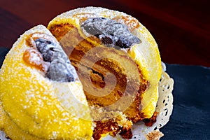 Polenta e Osei di Bergamo Alta most renowned sweet specialty cuisine, made from sponge cake, chocolate, butter,
