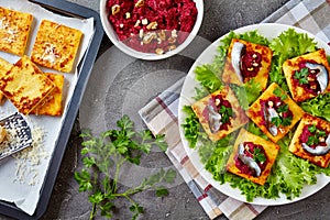 Polenta Squares open sandwiches, top view