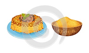 Polenta, traditional Italian cuisine food. Corn flour ingredient for pasta cooking set. vector illustration