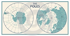 The Poles - North Pole and South Pole - Vector Detailed Illustration. Physical Vintage