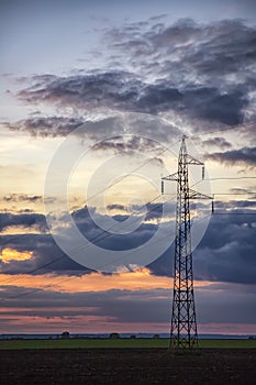 Power lines silhouettes in the dusk.