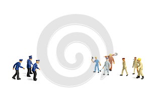 Police and an angry mob on white background