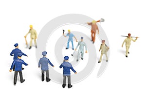 Police and an angry mob on white background