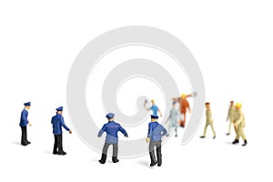 Police and an angry mob on white background