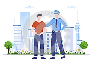 Police Arrest Criminal by Handcuffing his Hands Against Urban background on Flat Cartoon Style