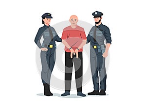 Police arrest. Policeman and policewoman arresting criminal with handcuffs, cartoon detective officers characters in uniform